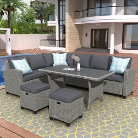 Patio Furniture Set;  5 Piece Outdoor Conversation Set;  Dining Table Chair with Ottoman and Throw Pillows (Color: Gray)