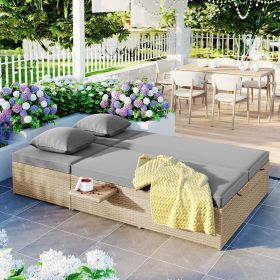 Outdoor Double Sunbed;  Wicker Rattan Patio Reclining Chairs with Adjustable Backrest and Seat;  Conversational Set for 2 Person (Color: brown)