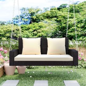 2-Person Wicker Hanging Porch Swing with Chains;  Cushion;  Pillow;  Rattan Swing Bench for Garden;  Backyard;  Pond. (Color: brown)