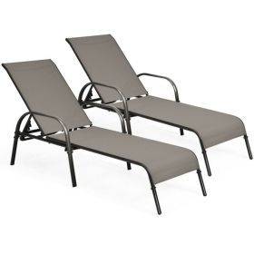 2 Pieces Outdoor Patio Lounge Chair Chaise Fabric with Adjustable Reclining Armrest (Color: brown)