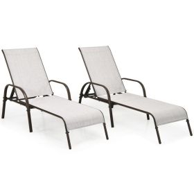 2 Pieces Outdoor Patio Lounge Chair Chaise Fabric with Adjustable Reclining Armrest (Color: Gray)