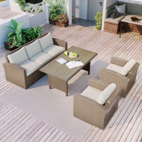 Outdoor Patio Furniture Set 4-Piece Conversation Set Wicker Furniture Sofa Set with Grey Cushions (Color: beige)