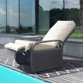 Adjustable Wicker Recliners with Aluminum Frame and Soft Cushions;  PE Rattan Recliner Lounge Chair for Indoor Outdoor Patio Garden (Color: Gray+Beige)
