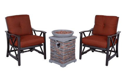 Outdoor Fire Pit 3pcs Set w/Haywood KD Aluminum X Back Stationary Spring Chairs (Color: black gold)
