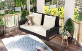 2-Person Wicker Hanging Porch Swing with Chains;  Cushion;  Pillow;  Rattan Swing Bench for Garden;  Backyard;  Pond.