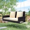 2-Person Wicker Hanging Porch Swing with Chains;  Cushion;  Pillow;  Rattan Swing Bench for Garden;  Backyard;  Pond.