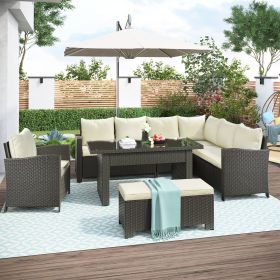 Patio Furniture Set;  6 Piece Outdoor Conversation Set;  Dining Table Chair with Bench and Cushions (Color: beige)
