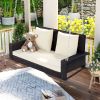 2-Person Wicker Hanging Porch Swing with Chains;  Cushion;  Pillow;  Rattan Swing Bench for Garden;  Backyard;  Pond.
